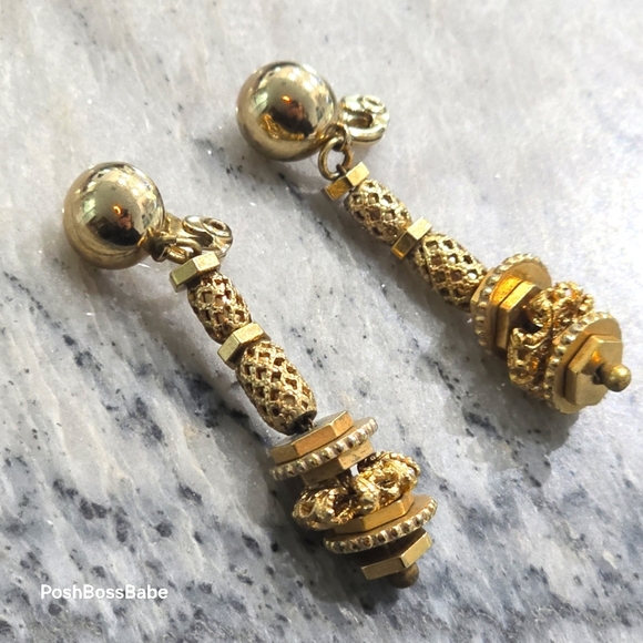 Vintage Monet Gold-Tone Ball Dangle Clip-On Earrings - Picture 1 of 11